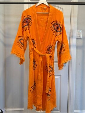 Embroidered Orange Kimono Robe with Fringe - Unbranded
